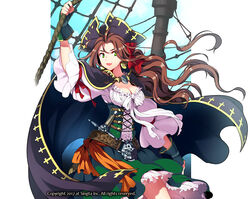  :d ahoge arm_up belt belt_buckle black_cape bow breasts brown_hair buckle cape cleavage commentary_request crow&#039;s_nest dagger day dress earrings female fingerless_gloves frills gloves green_dress green_eyes hairbow hat jewelry knife long_hair looking_at_viewer medium_breasts o&#039;malley_(sid_story) open_mouth outdoors pirate pirate_hat red_bow rigging sheath sheathed shroud_(sailing) sid_story smile standing very_long_hair weapon wooni 