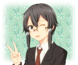  asada_shino black_eyes black_hair black_jacket blazer commentary_request female glasses hair_between_eyes hair_ornament jacket necktie one_eye_closed open_mouth red_necktie rinkai_(mamepika8492) scarf school_uniform short_hair short_hair_with_long_locks sidelocks sword_art_online v 