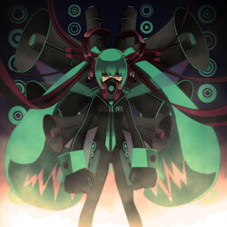  aqua_eyes aqua_hair bad_id bad_pixiv_id female gloves hatsune_miku kurara long_hair megaphone oversized_forearms oversized_limbs respirator solo twintails very_long_hair vocaloid 