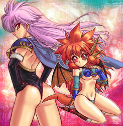  2girls animal_ears armor boots breasts cape commentary_request dragon_girl dragon_half dragon_horns dragon_tail dragon_wings fins head_fins horns knee_boots long_hair looking_back medium_breasts midriff mink_(dragon_half) multiple_girls photoshop_(medium) profile purple_eyes red_eyes red_hair sitting stargeyser tail underboob veena_(dragon_half) wings 