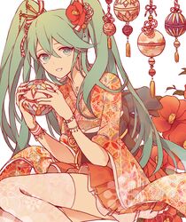  ball bracelet camellia commentary_request female floral_background flower green_eyes green_hair hair_flower hair_ornament hands_up hatsune_miku holding holding_ball japanese_clothes jewelry kikkoumon kouhaku_nawa long_hair magatama multicolored_nails nail_polish necklace orange_nails red_flower red_nails rope shimenawa shippou_(pattern) shivue skirt solo tassel temari_ball thighhighs twintails vocaloid 