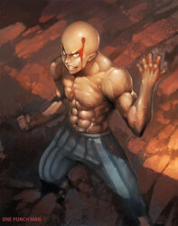  1boy abs bald blood blood_on_face clenched_hand commentary_request copyright_name full_body grin hand_up highres looking_at_viewer male_focus manly muscular muscular_male nipples one-punch_man orange_eyes outdoors pajamas pants pectorals photoshop_(medium) saitama_(one-punch_man) satoshi1923 smile solo striped_clothes striped_pants topless_male veins 