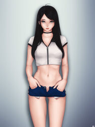  abs absurdres ahoge aithne_(khalitzburg) black_hair choker commentary crop_top cropped_shirt denim denim_shorts english_commentary female hand_in_pocket highres khalitzburg legs long_hair looking_at_viewer midriff navel no_panties o-ring o-ring_bottom original photoshop_(medium) shirt short_shorts shorts simple_background solo standing unzipped zipper 