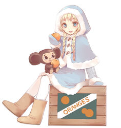  boots braid cheburashka female food fruit gena_the_crocodile_and_his_friends mittens mizunomoto orange_(fruit) original pantyhose parka snegurochka_(mythology) solo twin_braids white_pantyhose 