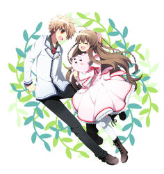  1boy :d ^_^ ahoge animal back_bow black_pants blazer blush boots bow braid brown_footwear brown_hair canine chibi-moth closed_eyes commentary_request creature dress female floating_hair flower frilled_dress frilled_sleeves frills full_body hair_flower hair_ornament happy holding holding_animal jacket juliet_sleeves kanbe_kotori kazamatsuri_institute_high_school_uniform long_hair long_sleeves looking_at_another monster open_mouth orange_hair pants photoshop_(medium) pink_bow pink_dress pink_flower puffy_sleeves rewrite ribbon school_uniform sidelocks simple_background smile soranagi tennouji_kotarou thighhighs twin_braids very_long_hair wavy_hair white_background white_jacket white_thighhighs wide_sleeves 