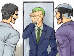  3boys bald black_hair closed_eyes closed_mouth earrings formal green_hair green_necktie hand_on_own_face headgear jewelry johnny_(one_piece) male_focus multiple_boys necktie one_piece open_mouth roronoa_zoro short_hair single_earring source_request suexue sunglasses teeth yosaku_(one_piece) 