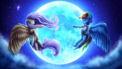  2015 9de-light6 blue_body blue_feathers blue_fur closed_eyes cloud duo equid equine feathered_wings feathers female feral flower fluttershy_(mlp) flying friendship_is_magic fur hair hasbro hi_res mammal moon multicolored_hair my_little_pony mythological_creature mythological_equine mythology pegasus pink_hair plant rainbow_dash_(mlp) rainbow_hair sky spread_wings star wings yellow_body yellow_feathers yellow_fur 