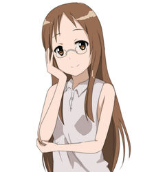  bare_arms bare_shoulders blouse brown_eyes brown_hair collared_shirt commentary_request female glasses hand_on_own_cheek hand_on_own_face k-on! long_hair pink_shirt shirt shizupu simple_background sleeveless sleeveless_shirt smile white_background white_shirt yamanaka_sawako 