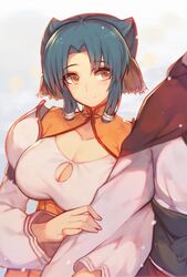  atuy breasts cleavage cleavage_cutout clothing_cutout commentary female highres large_breasts locked_arms mukka short_hair sidelocks solo_focus utawarerumono utawarerumono:_itsuwari_no_kamen 