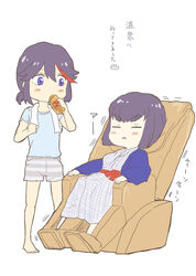  2girls bath_yukata blue_eyes blush bob_cut closed_eyes commentary_request drinking hanten_(clothes) japanese_clothes kill_la_kill kimono kiryuuin_satsuki looking_at_another massage_chair matoi_ryuuko multicolored_hair multiple_girls purple_hair shirt short_hair shorts t-shirt thick_eyebrows towel towel_around_neck translated triangle_mouth uri_(uryu002) yukata 