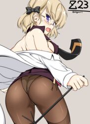  asaga_aoi ass azur_lane bare_shoulders black_bow black_neckwear blonde_hair blush bow breasts commentary covered_nipples female glasses grey_background hairbow long_sleeves looking_at_viewer oerba_yun_fang open_mouth panties panties_under_pantyhose pantyhose purple_eyes shirt short_hair sideboob simple_background small_breasts solo sweatdrop twitter_username underwear white_shirt z23_(azur_lane) z23_(philosophy_sensei)_(azur_lane) 