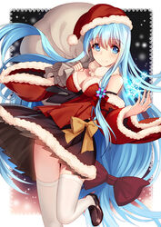  bare_shoulders bison_cangshu blue_eyes breasts carrying chinese_commentary cleavage commentary_request detached_sleeves dress female hat jewelry long_hair looking_at_viewer md5_mismatch medium_breasts photoshop_(medium) red_dress ring sack santa_costume santa_hat shirayuki_(warship_girls_r) smile solo strapless strapless_dress thighhighs warship_girls_r wedding_ring white_thighhighs zettai_ryouiki 