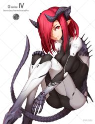  ass bodysuit chinese_commentary commentary_request female hair_over_one_eye horns lg_electronics looking_to_the_side masin0201 personification pointy_ears red_eyes red_hair skin_tight solo spines tail 