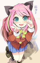  :d animal_ears bare_legs blazer blue_eyes blush boots bow bowtie cat_ears cat_tail commentary_request female foreshortening from_above green_hair hashimoto_nyaa jacket long_hair long_sleeves looking_at_viewer multicolored_hair nyan open_mouth osomatsu-san osomatsu_(series) paw_pose photoshop_(medium) pink_hair pleated_skirt rakkogawa_rinro school_uniform shadow skirt smile solo standing standing_on_one_leg streaked_hair sweatdrop swept_bangs tail tareme two-tone_hair v 