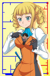  1boy ascot between_breasts black_gloves black_hair blonde_hair blue_eyes blush_stickers breasts brown_eyes commentary_request dark-skinned_male dark_skin dreadlocks drill_hair female flying_sweatdrops gloves gundam gundam_build_fighters hanzou mini_person miniboy necktie nils_nielsen open_mouth person_between_breasts puffy_sleeves quad_drills shadow whip yajima_caroline 