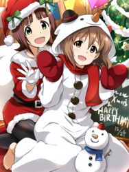  2girls amami_haruka brown_eyes brown_hair christmas christmas_ornaments christmas_tree commentary_request gloves green_eyes hagiwara_yukiho hair_ribbon happy_birthday hat highres idolmaster idolmaster_(classic) merry_christmas mittens multiple_girls open_mouth red_mittens ribbon santa_costume santa_hat short_hair smile snowman snowman_costume tokiani 