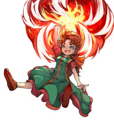  :d arm_up blue_eyes brown_footwear brown_hair commentary_request dragon_quest dragon_quest_vii dress female fire full_body highres layered_dress long_hair magic maribel_(dq7) oerba_yun_fang open_mouth photoshop_(medium) shoes simple_background smile solo tamagokake_candy white_background 