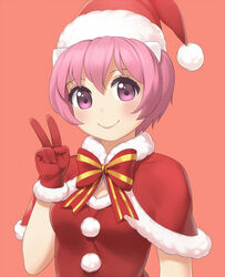  blush bow capelet christmas commentary_request cristalavi dress elfen_lied female fur_trim gloves hat horns looking_at_viewer nana_(elfen_lied) pink_eyes pink_hair pom_pom_(clothes) red_background red_capelet red_dress red_gloves santa_costume santa_hat short_hair smile solo upper_body v 