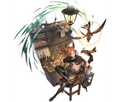  1boy abs animal_ears bird boots cape chair erune fingerless_gloves gloves granblue_fantasy helnar lamp long_hair male_focus minaba_hideo official_art orange_hair ponytail red_eyes sitting solo topless_male transparent_background 