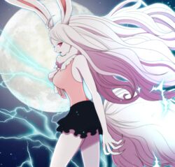  alternate_form animal_ears carrot_(one_piece) colored_sclera commentary derivative_work dress electricity female full_moon fur_trim furry furry_female long_hair maiko_(mimi) moon night night_sky one_piece open_mouth pink_eyes rabbit_ears rabbit_tail red_sclera sky solo spoilers sulong_form tail teeth upper_body very_long_hair white_hair 