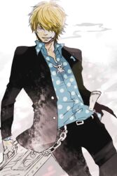  1boy blonde_hair blue_shirt bolo_tie collared_shirt formal gun hair_over_one_eye highres male male_focus one_piece one_piece:_strong_world pixiv_manga_sample polka_dot polka_dot_shirt resized rokkasana sanji shirt solo suit weapon 