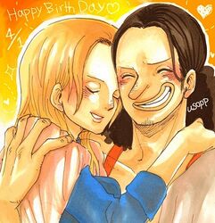  1boy birthday black_hair blonde_hair character_name couple female happy hug kaya_(one_piece) lowres one_piece p_(nukumise) smile usopp 