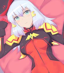  annoyed aqua_eyes armor bad_id bad_pixiv_id bed_sheet blush bodysuit breasts brooch covered_navel crop_top dutch_angle female from_above gloves gundam gundam_exa gundam_extreme_vs._maxi_boost hair_between_eyes hair_ornament hairclip hat highres indoors jewelry kuro_mushi large_breasts long_hair looking_at_viewer lying on_back on_bed open_clothes pauldrons pilot_suit shoulder_armor solo sthesia_awar_acht turtleneck upper_body white_hair 