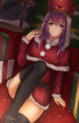  absurdres alternate_costume belt box christmas christmas_tree commission dress eremiya_(fire_emblem) female fire_emblem fire_emblem:_new_mystery_of_the_emblem fur_trim gift gift_box hair_between_eyes highres indoors long_hair long_sleeves looking_at_viewer miniskirt nei_(aduma1120ponpon) over-kneehighs purple_eyes purple_hair red_dress red_headwear santa_costume sitting skeb_commission skirt smile solo thighhighs tree window 