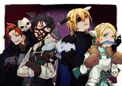  3boys animal_ears animal_hands armor black_hair blonde_hair blue_cape blue_eyes brown_gloves cape cat_ears cat_paws cosplay crossed_arms dagger death_(entity) death_(entity)_(cosplay) dimitri_alexandre_blaiddyd eyepatch fake_animal_ears felix_hugo_fraldarius female fire_emblem fire_emblem:_three_houses fish fish_in_mouth fur_trim gloves green_eyes halloween halloween_costume ingrid_brandl_galatea knife mask motoaki multiple_boys muzzle open_mouth red_hair short_hair simple_background skull_mask sylvain_jose_gautier upper_body weapon 