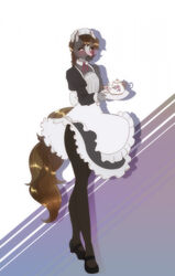  anthro black_clothing black_legwear black_stockings blush brown_eyes brown_hair clothed clothing crossdressing dallas_prairiewind equid equine femboy fur grey_body grey_fur hair hi_res holding_tray horse legwear looking_at_viewer maid_headdress maid_uniform male mammal markings pallid-panda simple_background solo stockings teapot uniform white_markings 