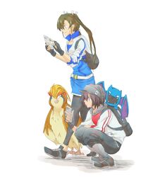  2girls backpack bag baseball_cap cellphone cosplay cropped_jacket crossover dark_green_hair female_protagonist_(pokemon_go) female_protagonist_(pokemon_go)_(cosplay) golbat hair_ribbon hat holding holding_phone kantai_collection leggings long_hair multiple_girls nda-p_(threelow) phone pidgeot pokemon pokemon_(creature) pokemon_go ribbon sendai_(kancolle) simple_background smartphone squatting twintails white_ribbon zuikaku_(kancolle) 