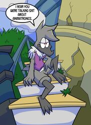  absurd_res anthro aura avian bird clothing english_text female hi_res mockingbird pembrokewkorgi pluma_(pembrokewkorgi) profanity purple_clothing purple_shirt purple_topwear shirt solo speech_bubble stairs text threatening topwear 