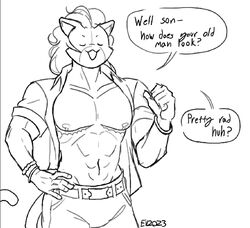  2023 abs anthro biceps bottomwear bracelet calico_cat clothed clothing dialogue digital_media_(artwork) domestic_cat english_text epic_games father_(lore) felid feline felis fortnite fur gravy_side hair jewelry line_art male mammal mastectomy_scar meowscles monochrome muscular muscular_anthro muscular_male nipples open_clothing open_mouth open_shirt open_smile open_topwear pants parent_(lore) pecs purradise_meowscles scar shirt smile solo speech_bubble tail talking_to_another text topwear trans_(lore) trans_man_(lore) 