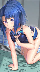  absurdres alice_gear_aegis ass blue_hair competition_swimsuit eyes_visible_through_hair female food goggles goggles_around_neck highres legs looking_at_viewer one-piece_swimsuit origami_yakko ponytail pool poolside purple_eyes sidelocks solo swimsuit takanashi_rei thighs wet wet_clothes wet_swimsuit 