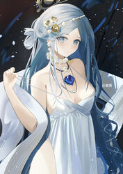  absurdres artist_name azur_lane bare_shoulders black_background blue_eyes blue_gemstone blue_hair breasts champagne_(adulation_eternal)_(azur_lane) champagne_(azur_lane) cleavage closed_mouth cowboy_shot dress earrings evening_gown female gem hair_ornament halo halter_dress halterneck highres jewelry long_hair looking_at_viewer necklace no_bra no_panties official_alternate_costume pale_skin parted_bangs pearl_earrings pearl_necklace ram_(404272725) shawl sleeveless sleeveless_dress small_breasts solo spaghetti_strap standing strap_pull very_long_hair white_dress 