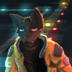  1:1 2022 anthro black_body black_fur blue_eyes canid canine canis clothing dakka dakkawoof fangs fur hi_res jacket male mammal neon_lights shirt solo teeth topwear wolf 