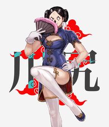  black_hair blue_footwear breasts china_dress chinese_clothes cleavage cleavage_cutout clothing_cutout cloud_print covering_face dorohedoro double_bun dress facial_mark feet_out_of_frame female folding_fan genderswap_(mtf) gloves grey_background hair_bun hand_fan hand_on_own_hip hand_up highres holding holding_fan kawajiri ki_(mxxxx) knee_up looking_away rule_63 shoes short_sleeves sideways_glance smile solo standing standing_on_one_leg thighhighs two-sided_fabric two-sided_skirt updo white_gloves white_thighhighs 