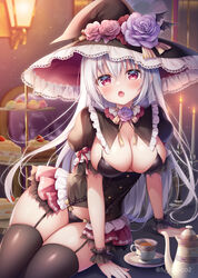  black_headwear black_panties black_thighhighs blush breasts commentary_request corset cup female flower garter_belt hair_between_eyes hair_ornament hat hat_flower kyuketsuki-chan_(mitsuba_choco) large_breasts long_hair looking_at_viewer mitsuba_choco open_mouth original panties red_eyes revealing_clothes thighhighs underwear white_hair witch_hat 