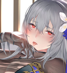  au11 azur_lane blush breasts chinese_commentary cleavage close-up commentary_request female flower grey_hair hair_between_eyes hair_flower hair_ornament heart heart-shaped_pupils looking_at_viewer official_alternate_costume red_eyes saint-louis_(alluring_administrator)_(azur_lane) saint-louis_(azur_lane) see-through see-through_cleavage sheer_gloves solo symbol-shaped_pupils tongue tongue_out window 