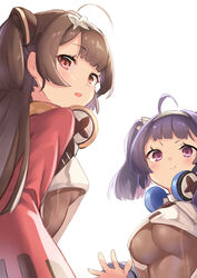  2girls absurdres ahoge alternate_costume azur_lane blunt_bangs blush breasts brown_hair closed_mouth commentary_request hairband hand_up headphones headphones_around_neck highres kijibato_123-gou large_breasts long_hair long_sleeves looking_at_viewer looking_back multiple_girls ning_hai_(azur_lane) ning_hai_(dragon_sisters!_-n)_(azur_lane) no_bra official_alternate_costume open_mouth ping_hai_(azur_lane) ping_hai_(dragon_sisters!_-p)_(azur_lane) purple_eyes purple_hair raised_eyebrow red_eyes see-through sidelocks signature simple_background small_breasts smile underboob upper_body white_background white_hairband 