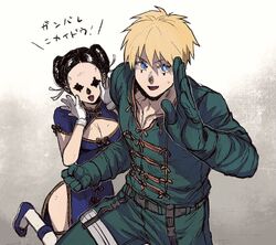  1boy :d belt black_hair blonde_hair blue_dress blue_eyes blue_footwear breasts buckle cheering china_dress chinese_clothes cleavage cleavage_cutout clenched_hand clothing_cutout dorohedoro double_bun dress facial_mark female fighting_stance genderswap_(ftm) genderswap_(mtf) gloves green_pants grey_background hair_bun hand_up highres kawajiri ki_(mxxxx) kneeling long_sleeves looking_at_viewer nikaidou_(dorohedoro) pants rule_63 shoes short_hair side_slit smile snap-fit_buckle standing sweat thighhighs toggles updo white_gloves white_thighhighs 