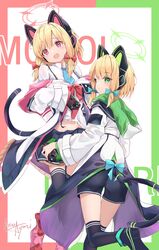  2girls animal_ear_headphones animal_ears arino_ayarei artist_name ass black_footwear black_shorts black_thighhighs blonde_hair blue_archive blue_necktie blush bow cat_ear_headphones character_name closed_mouth commentary_request controller english_text expressionless fake_animal_ears game_controller green_bow green_eyes halo headphones highres holding holding_controller holding_game_controller jacket midori_(blue_archive) momoi_(blue_archive) multiple_girls necktie open_clothes open_jacket open_mouth pink_footwear red_bow school_uniform shirt shorts siblings sisters teeth thighhighs twins upper_teeth_only white_shirt 