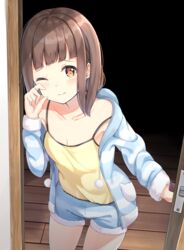  3; blue_pajamas blue_shorts blush breasts brown_eyes brown_hair camisole cleavage closed_mouth collarbone commentary_request cowboy_shot door female hand_on_own_cheek hand_on_own_face indoors keiran_(ryo170) long_sleeves looking_at_viewer medium_hair one_eye_closed open_clothes original pajamas revision shorts small_breasts solo standing strap_slip wooden_floor 