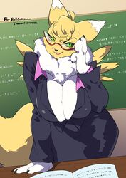  2022 3_fingers adjusting_glasses anthro bandai_namco big_breasts black_clothing black_jacket black_sclera black_topwear book bottomwear breasts canid cat_eye_glasses chalkboard classroom cleavage clothed clothing desk digimon digimon_(species) digital_media_(artwork) eyebrows eyewear fan_character female fingers fur furniture glasses green_eyes hand_on_glasses hi_res huge_breasts jacket looking_at_viewer mammal portrait professor_rena raised_eyebrow renamon school skirt smile solo standing table teacher teteteko three-quarter_portrait topwear white_body white_fur yellow_body yellow_fur 