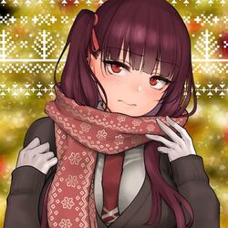  between_breasts black_coat blush breasts coat commentary female girls&#039;_frontline gloves hair_ribbon large_breasts long_hair looking_at_viewer lowres necktie necktie_between_breasts official_alternate_costume one_side_up open_clothes open_coat print_scarf purple_hair red_eyes red_necktie red_scarf ribbon scarf shoukaki_(earthean) snowflake_print solo upper_body wa2000_(date_in_the_snow)_(girls&#039;_frontline) wa2000_(girls&#039;_frontline) 