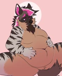  ambiguous_gender belly big_belly big_chest black_claws brown_body brown_fur brown_markings brown_nose brown_stripes claws curvy_figure fingers fur grey_body grey_fur hair hyena jewelry mammal markings navel overweight overweight_ambiguous paws pink_body pink_eyes pink_fur pink_hair ring simple_background slightly_chubby solo spread_legs spreading striped_hyena stripes tailtufts teeth thick_thighs white_body white_fur white_hair 