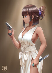  artist_name asymmetrical_dual_wielding asymmetrical_hair bare_arms bare_shoulders blue_eyes blunt_bangs breasts brown_background brown_hair close_quarters_combat closed_mouth collarbone combat_knife commentary cowboy_shot dark-skinned_female dark_skin dated dress dual_wielding earrings english_commentary female gradient_background gun hair_ornament hairclip half_updo hand_up handgun highres holding holding_gun holding_knife holding_weapon jewelry jpc knife medium_breasts medium_hair multiple_weapons nrs-2 original p99 plunging_neckline profile side_slit sideboob sidelocks simple_background sleeveless sleeveless_dress solo stud_earrings trigger_discipline walther walther_p99 weapon white_dress 