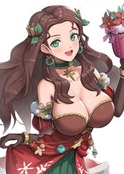  bare_shoulders breasts brown_hair candy candy_cane christmas christmas_wreath_earrings cleavage collarbone commentary dorothea_arnault dorothea_arnault_(winter) dress earrings female fire_emblem fire_emblem:_three_houses fire_emblem_heroes fire_emblem_warriors:_three_hopes food gift gingerbread_man gonzarez green_dress green_eyes hair_ornament highres holly_hair_ornament jewelry large_breasts looking_at_viewer official_alternate_costume official_alternate_hairstyle open_mouth red_dress simple_background smile solo teeth upper_teeth_only white_background 