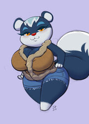  animal_crossing anthro big_breasts blush bottomwear breasts cleavage clothed clothing cutoffs denim denim_bottomwear denim_clothing dipstick_tail female hi_res joelasko looking_at_viewer mammal markings multicolored_tail nintendo rodent sciurid short_stack shorts simple_background solo tail tail_markings tasha_(animal_crossing) tree_squirrel 