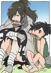  1boy barefoot black_hair brown_eyes dororo_(character) dororo_(tezuka) female fish fish_in_mouth grass hair_over_one_eye highres hyakkimaru_(dororo) knees_up long_hair looking_at_viewer ponytail prosthesis prosthetic_arm prosthetic_leg sitting takoda_(piyoke78) 